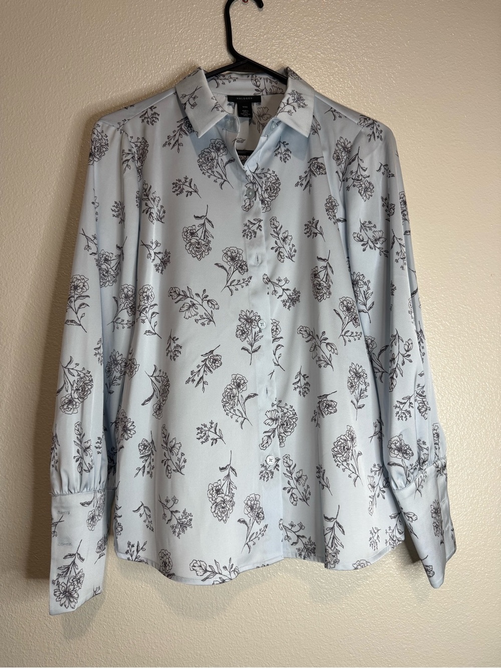 Halogen Light Blue Floral Satin Button-Up Dress Shirt Womens Sz XXS (Box E)